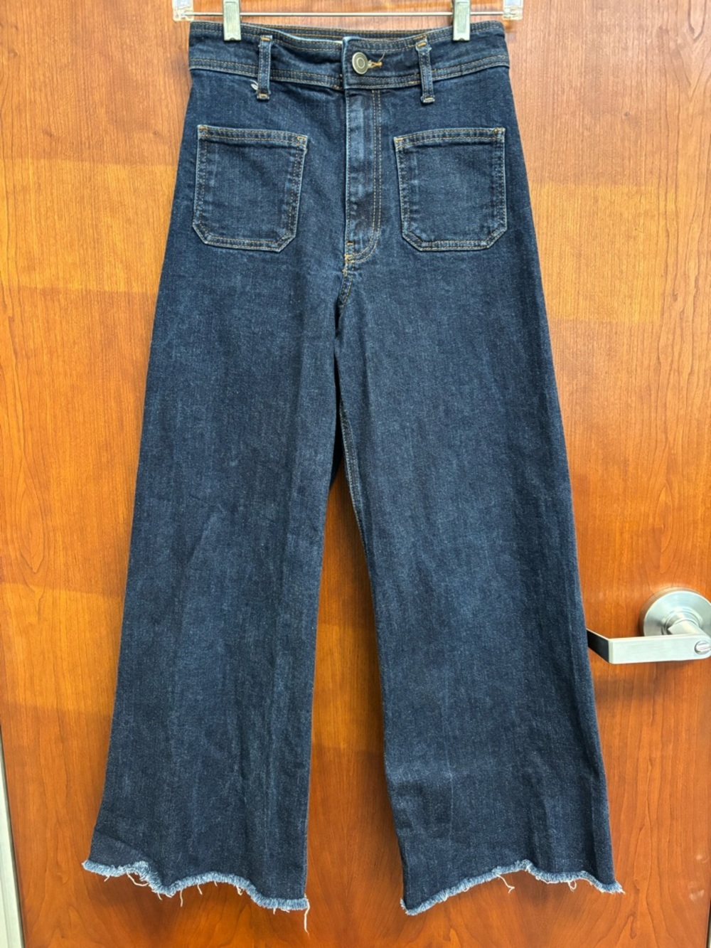 Zara Patch Pocket Wide Leg High Rise Dark Wash Jeans Raw Hem